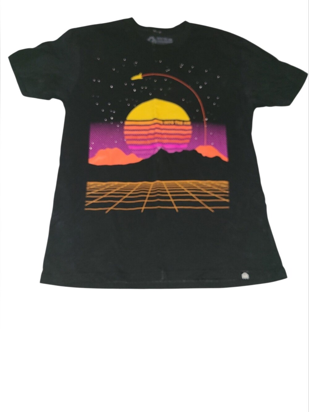 Into The Am Retro Sunset Space Shuttle Tee - Black w Yellow & Pink Orange SzL